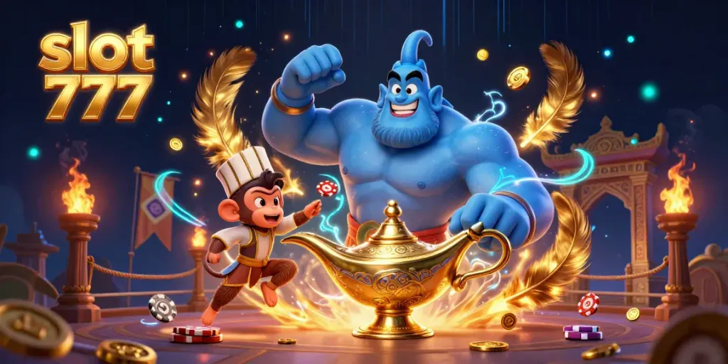 Menangkan jackpot dengan slot 777, ilustrasi kasino dengan jin, koin emas, dan atmosfer magis.