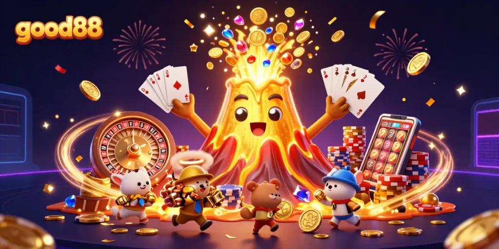 Engage with good88's thrilling gaming experience featuring a golden volcano and treasures in an exciting casino environment.