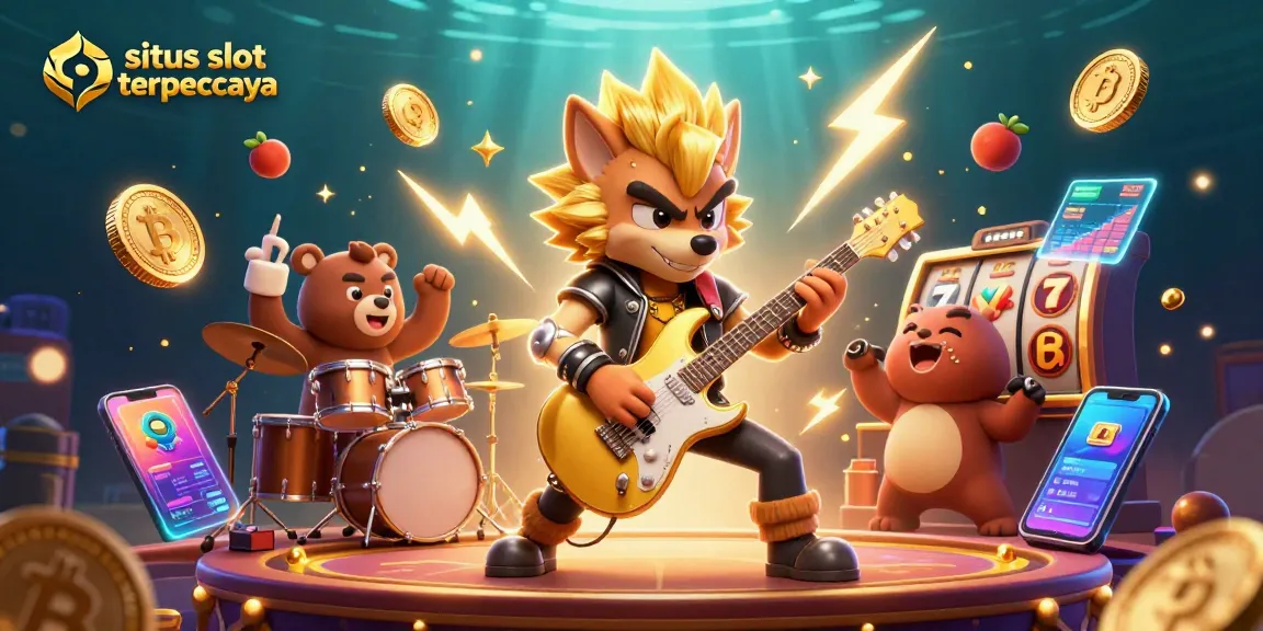 Slot gacor terpercaya menampilkan karakter wolf sedang bermain gitar emas di panggung kasino