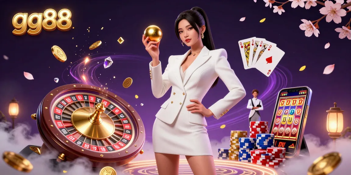 Experience thrilling gaming at gg88 with a stunning Asian woman showcasing a roulette ball amidst cascading coins and colorful casino elements.