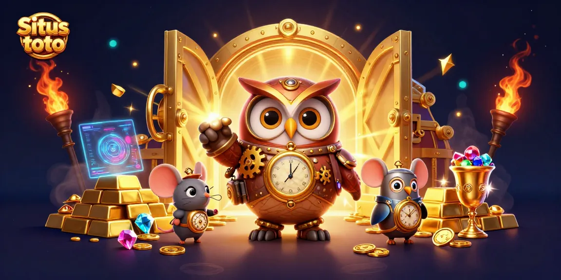 Experience vibrant winnings at Situs toto with dynamic casino scenes featuring a steampunk owl and treasures.