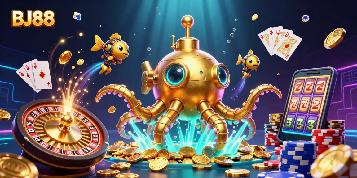 Engage with thrilling gameplay at BJ88's vibrant casino with golden kraken and sparkling treasures.