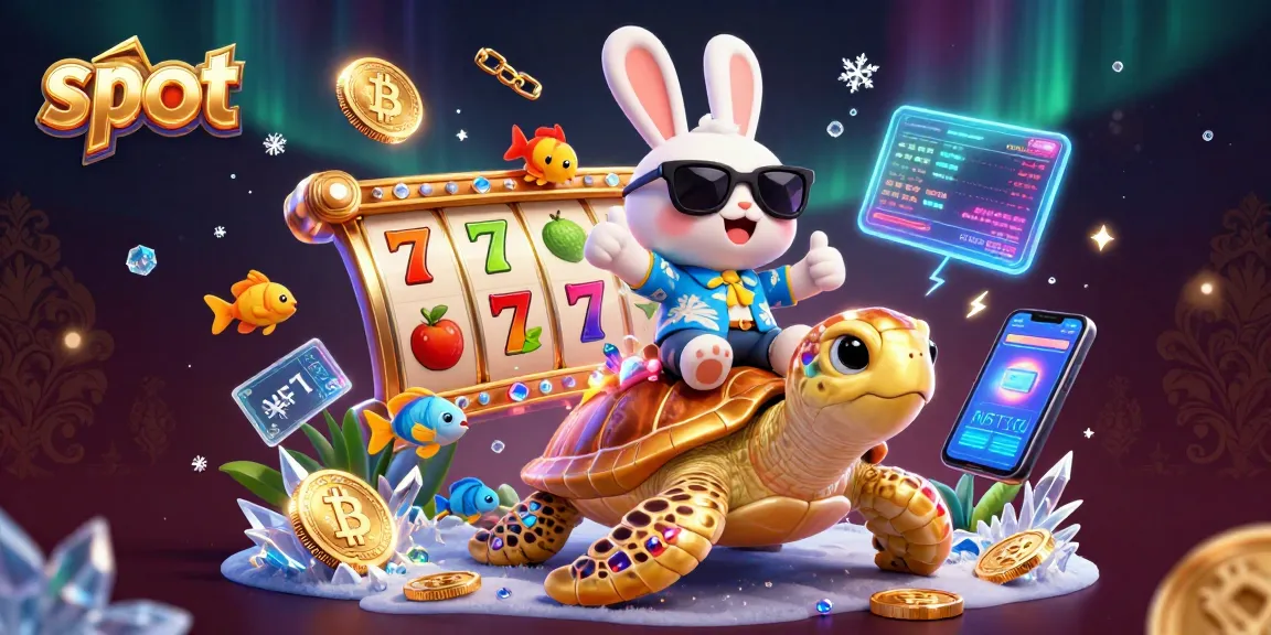 Spin exciting slot games with the lucky rabbit and turtle in this vibrant casino scene.