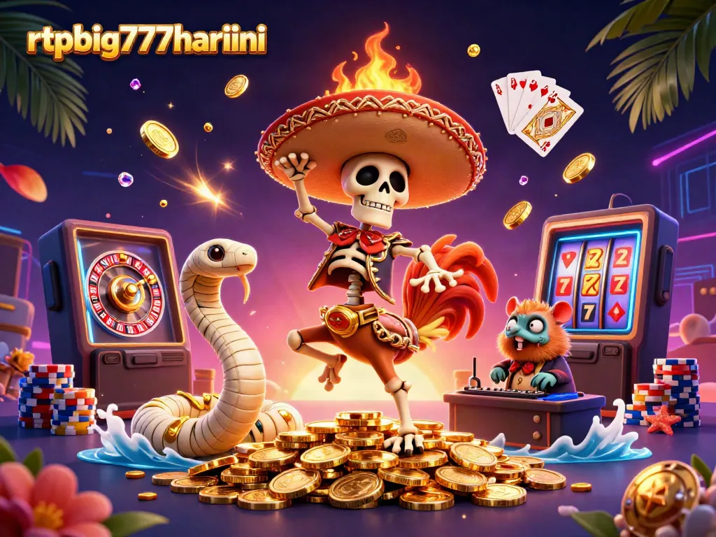 Celebrate winnings at rtpbig777hariini with vibrant characters and dazzling casino elements in a festive scene.