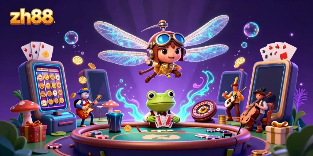 Play dynamic slot games with zh88 as a dragonfly pilot hovers over a vibrant lily pad casino.