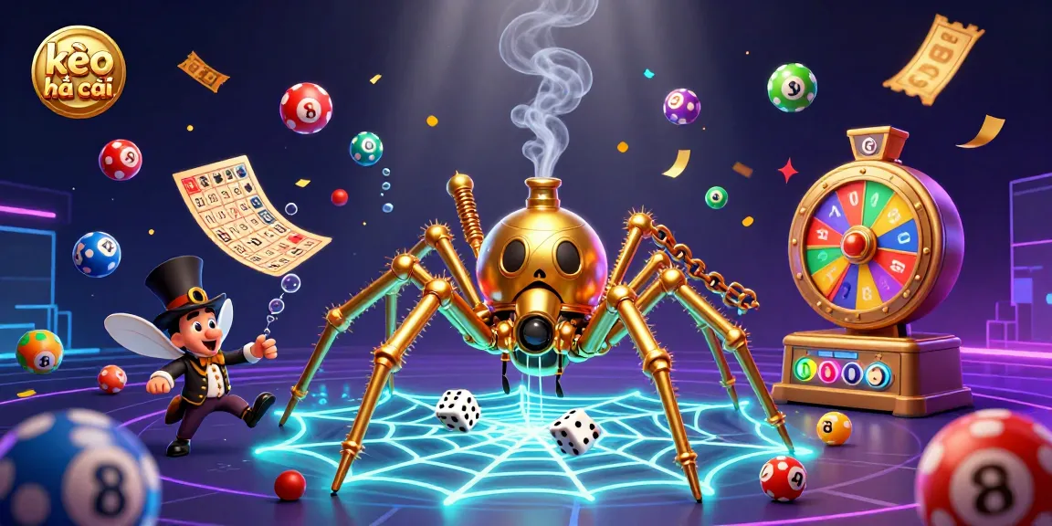 Engage with kèo nhà cái in this vibrant 3D illustration featuring a golden spider, lottery elements, and dynamic casino action.