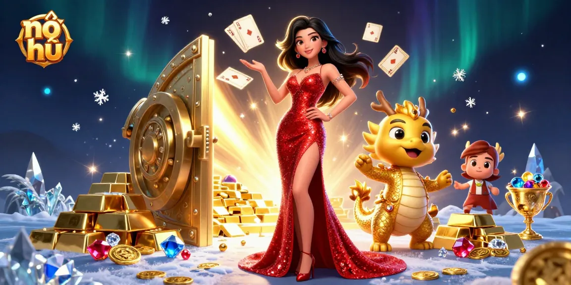 Nổ hũ game illustration featuring an Asian woman in a striking gown with a golden dragon mascot and casino elements.
