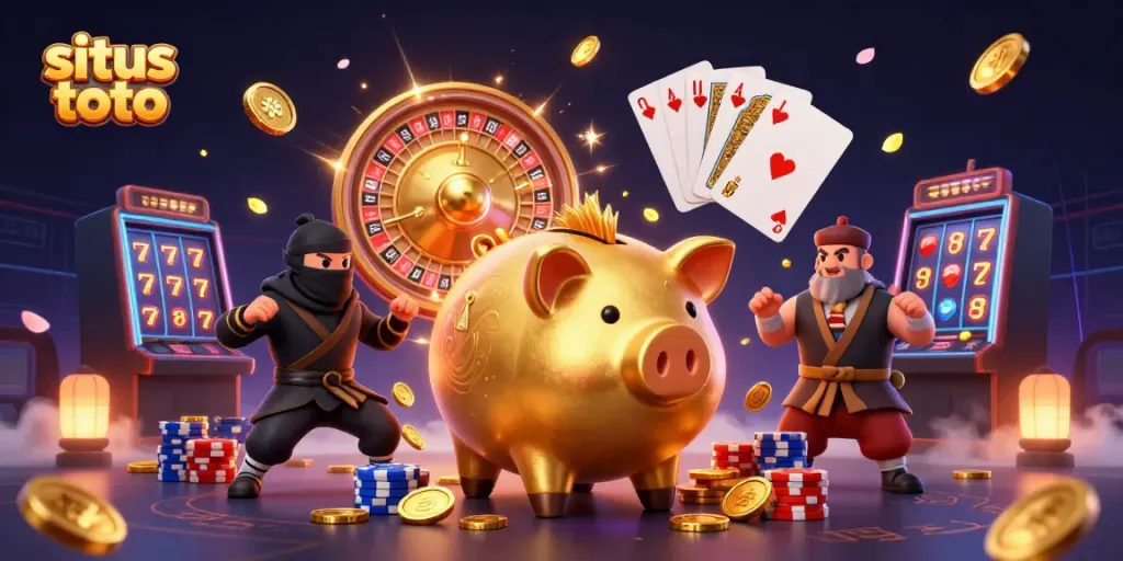 Engage with situs toto in a vibrant 3D casino scene featuring a golden piggy bank sumo wrestler and dynamic gambling elements.