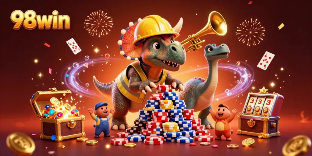 98win celebrates excitement with vibrant casino-themed 3D scene of characters building poker chip towers.