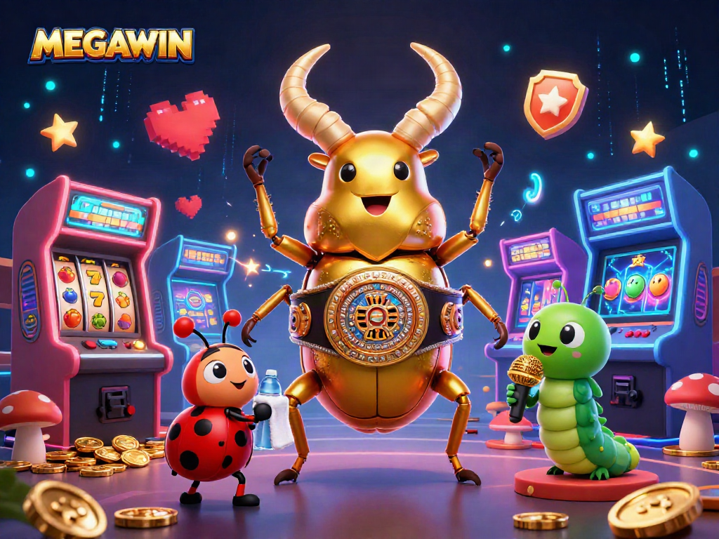 Experience MEGAWIN casino fun with a boxing beetle and vibrant gaming elements.