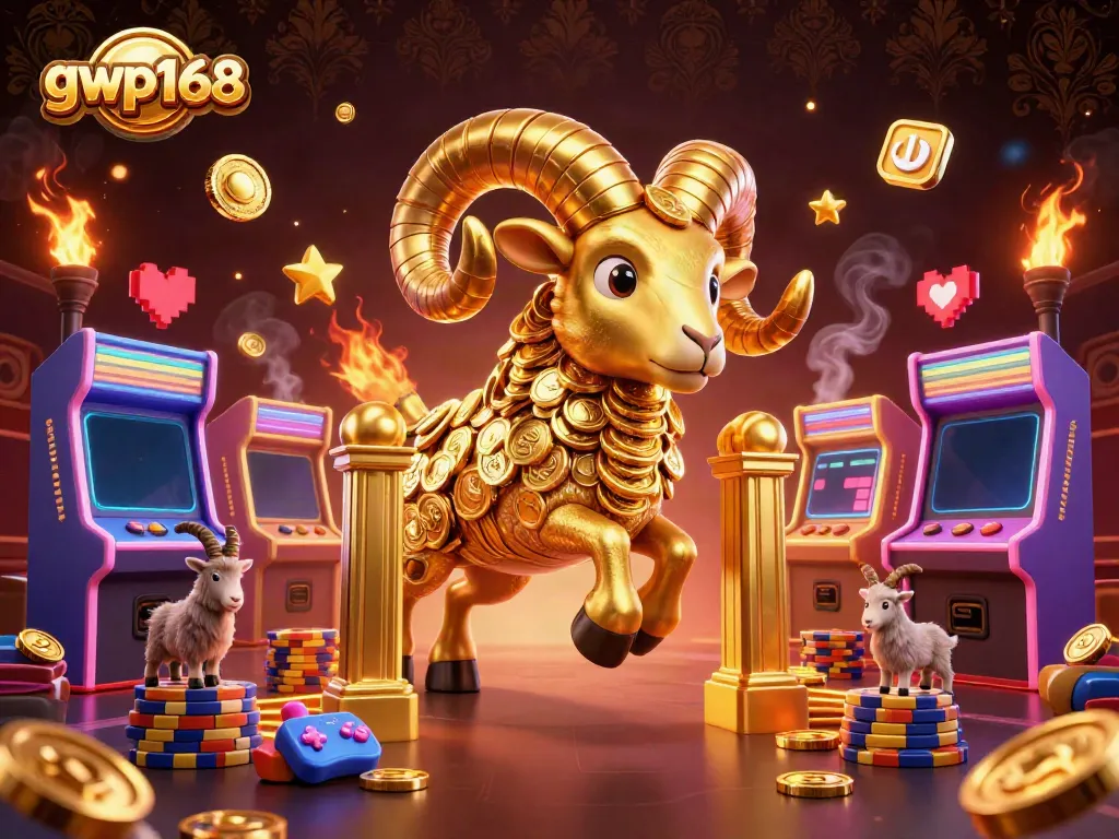 Permainan seru slots di gwp168 dengan karakter ram emas dan mesin arcade berwarna-warni.