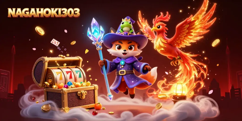 Gambarkan NAGAHOKI303 dengan wizard kartun dan elemen kasino berwarna-warni dalam ilustrasi 3D.
