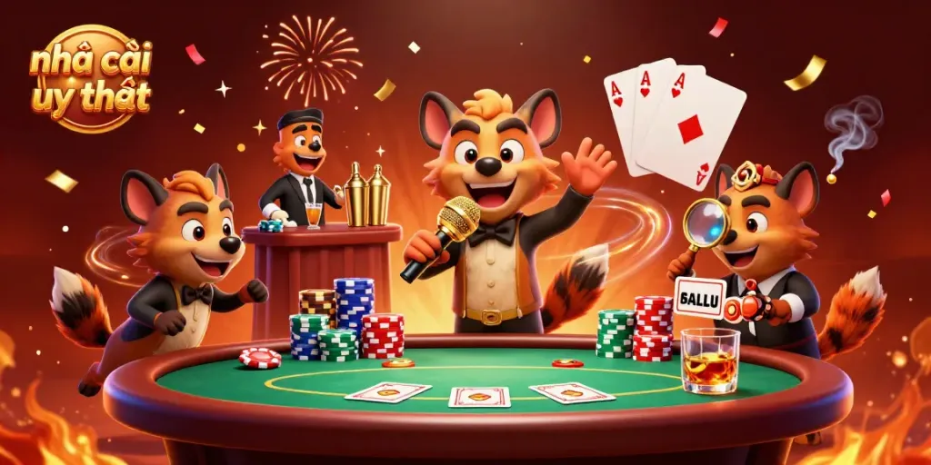 Experience excitement at nhà cái uy tín with lively hyena characters performing at a vibrant casino.