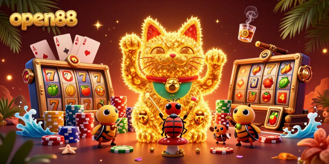 Experience open88's exciting world of gaming with vibrant elements of slots and casino symbols.