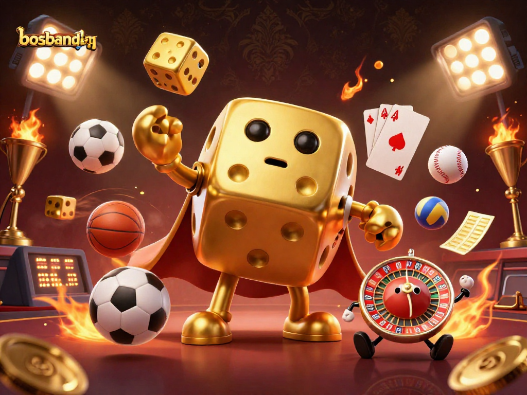 Engage with bosbandarq's exciting world of online gambling featuring golden dice and sports elements.