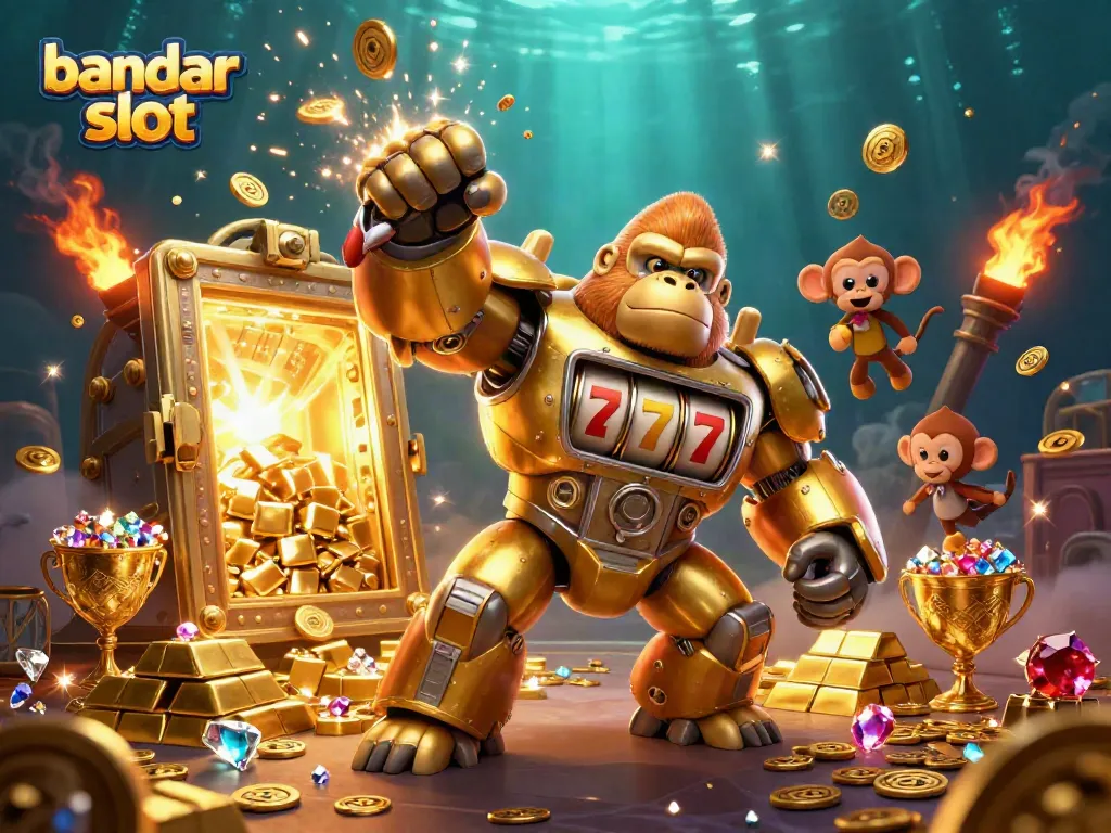 Permainan bandar slot dengan mecha gorila emas dan kekayaan berkilau yang mengelilinginya.
