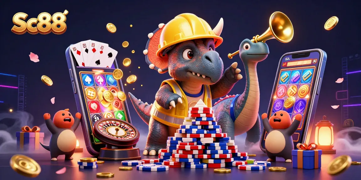 Celebrate with Sc88: A triceratops builds poker chips while golden coins erupt from a smartphone screen.