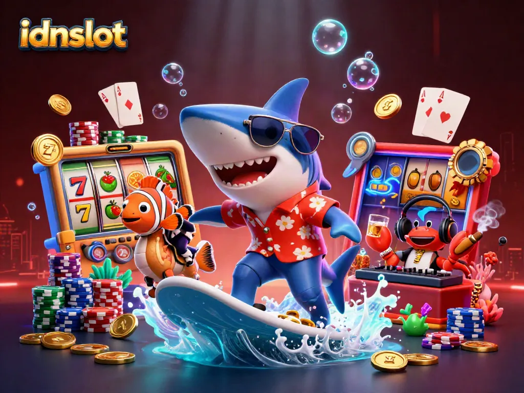 Engage with idnslot as a hammer-head shark rides golden coins, surrounded by vibrant slot game elements.