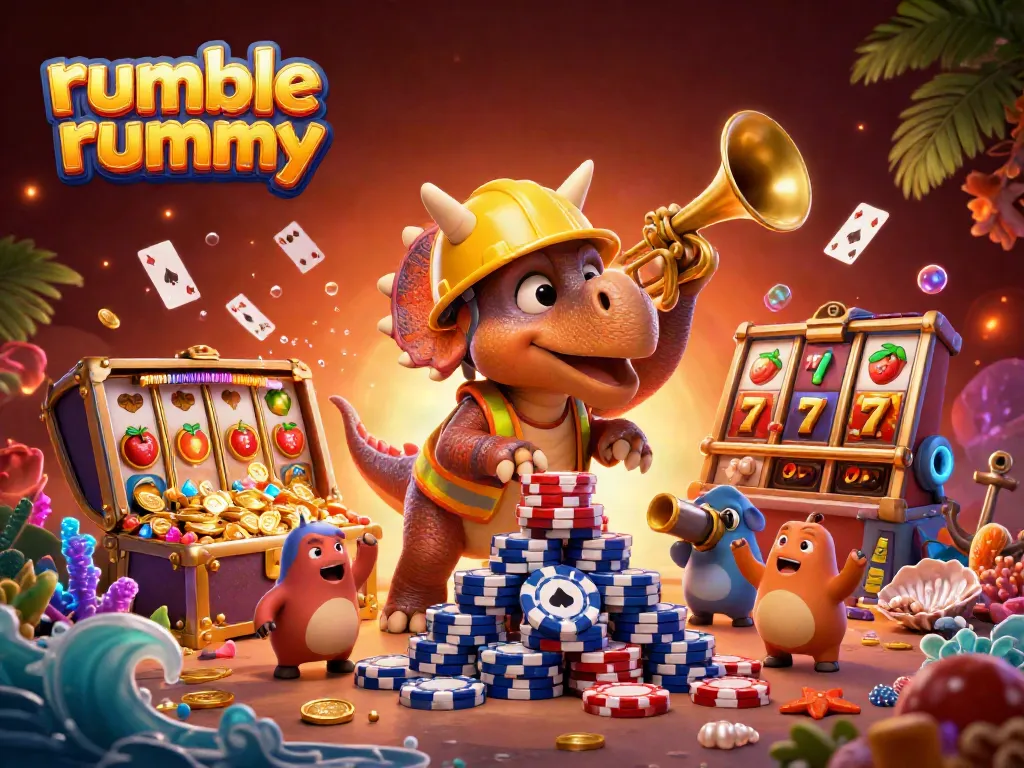 Engage in Rumble Rummy with vibrant characters, casino elements, and exciting visuals.