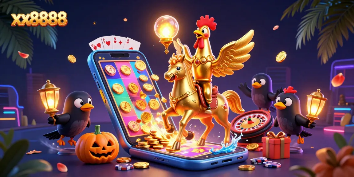 Experience xx8888's exciting slot action with a golden rooster leading through a vibrant casino scene.
