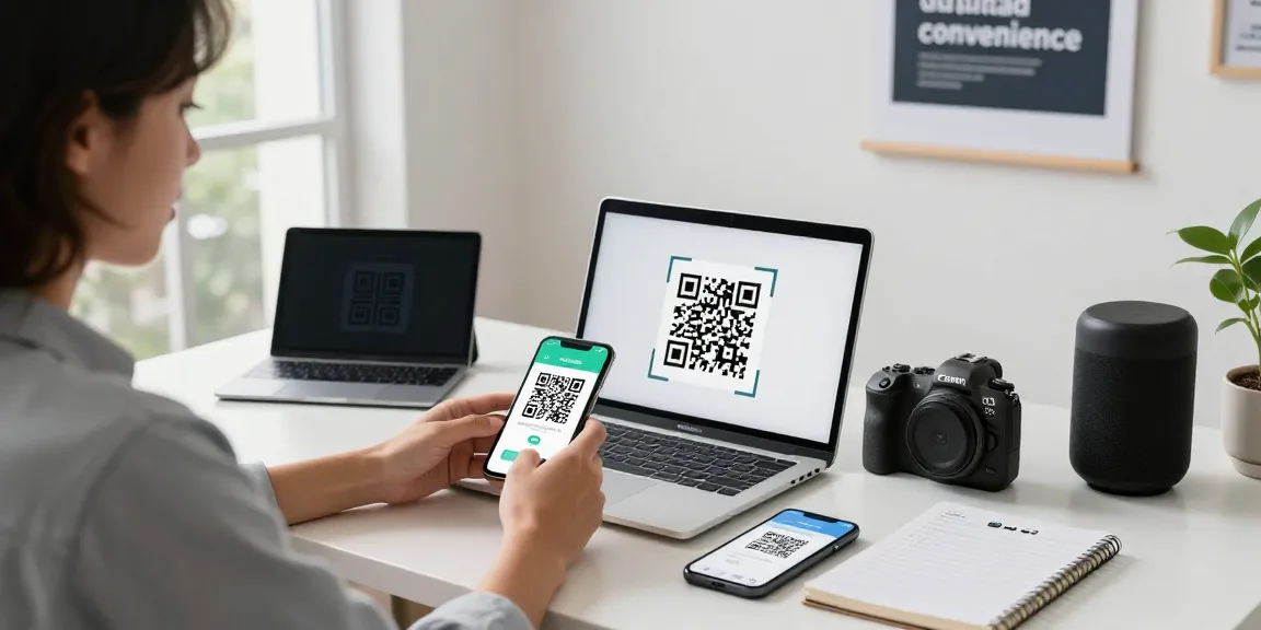 Scan QR code online with a user-friendly interface on a laptop and smartphone in a bright home office
