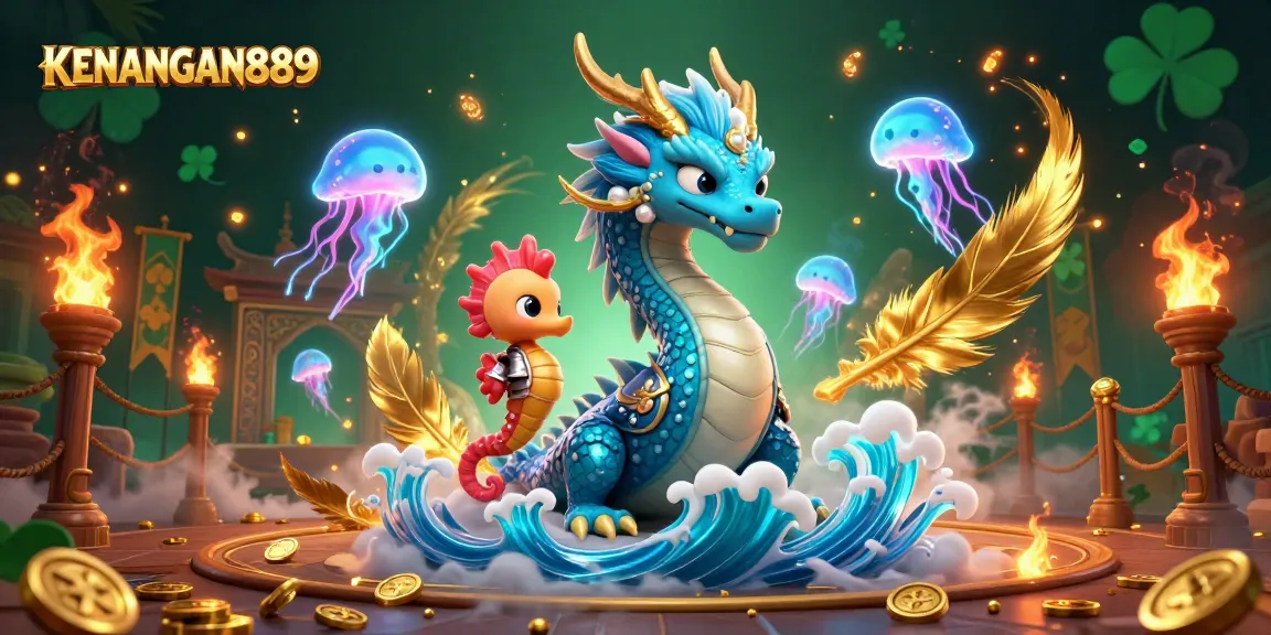 Engage with the magical KENANGAN889 experience featuring a water dragon and knight in a vibrant casino scene.