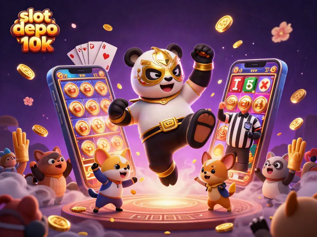 Engage with the exciting world of slot depo 10k showcasing a panda wrestler and animal fans.