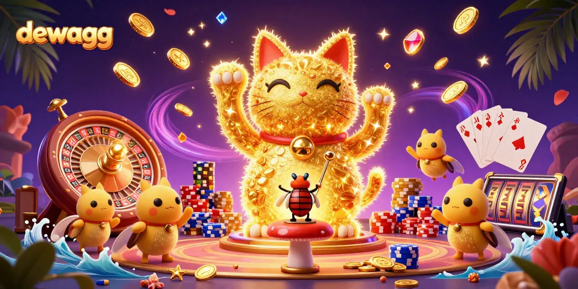Engage with dewagg in a vibrant casino scene featuring a lucky cat and golden surprises.
