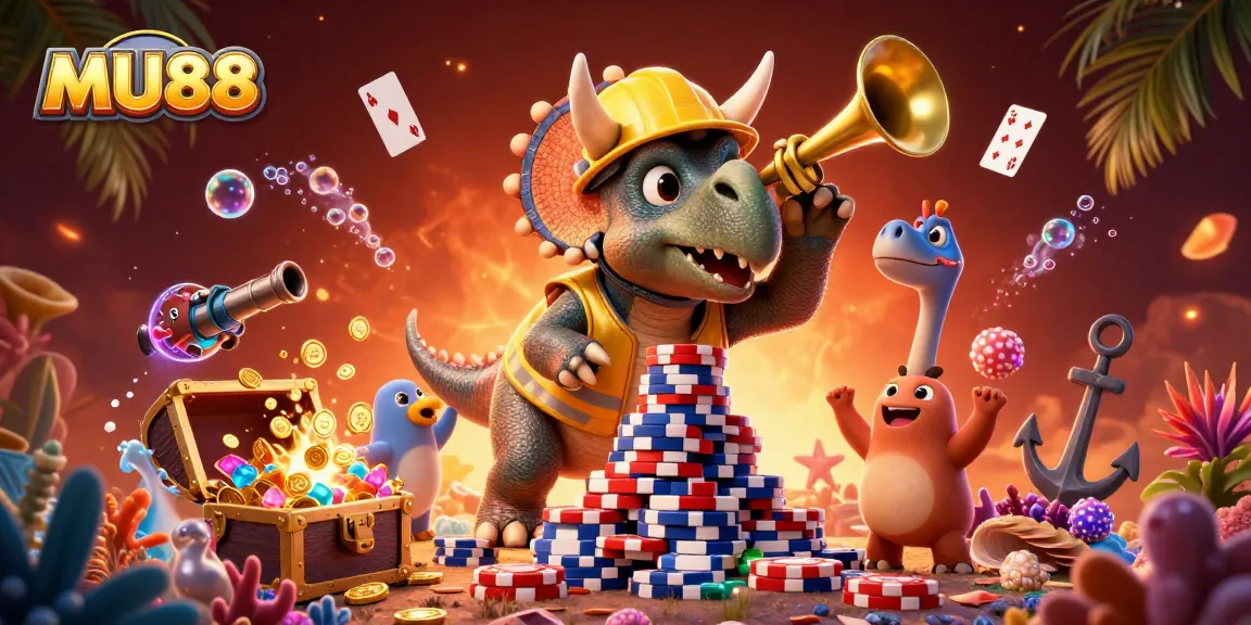 Engage in thrilling MU88 adventures as cartoon dinosaurs celebrate big jackpots with colorful games.
