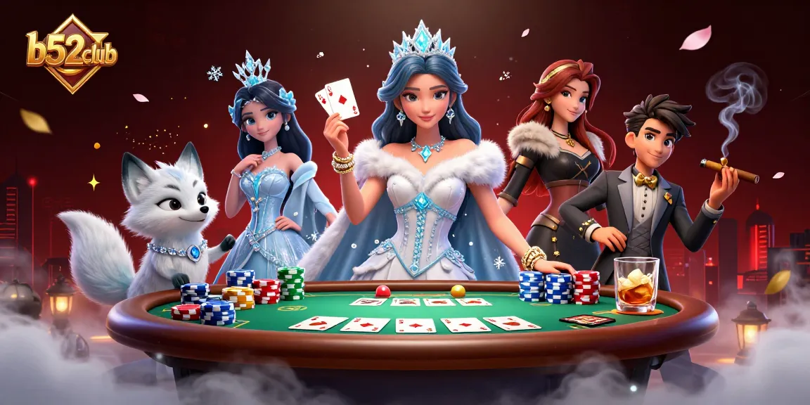Engage in thrilling gameplay at b52club with a dazzling casino scene featuring poker cards and chips.