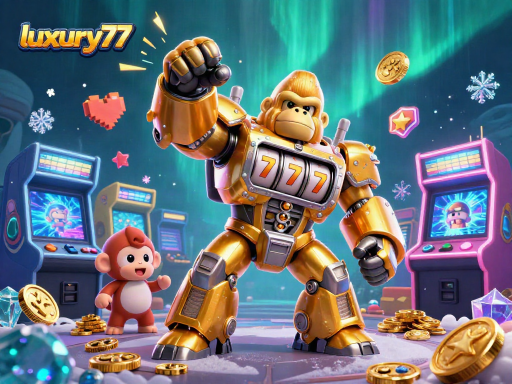 luxury777 menampilkan gorila mekanik dengan bagian mesin slot dan simbol tujuh, menghujani koin di kasino