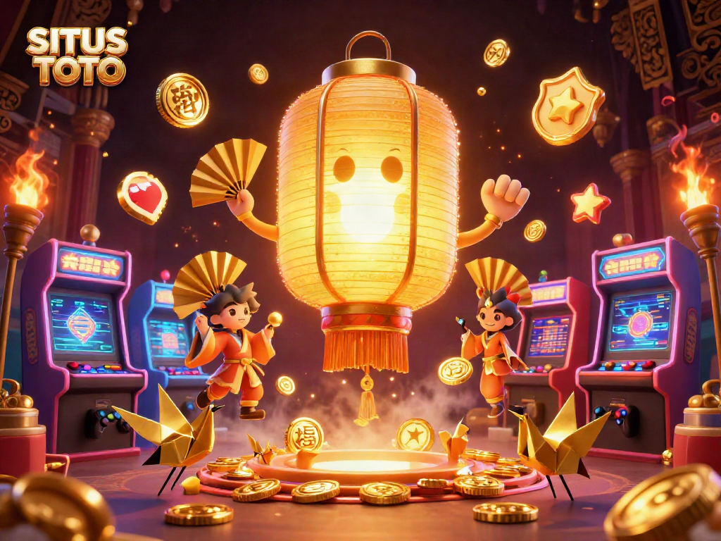 SITUS TOTO game preview featuring a giant golden lantern spirit and arcade elements in a bustling night market casino atmosphere.