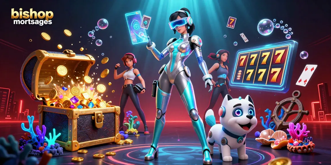 Bishopmortgages unleashes excitement with a vibrant 3D casino scene featuring a futuristic woman and robot, dazzling with slot reels and gold.