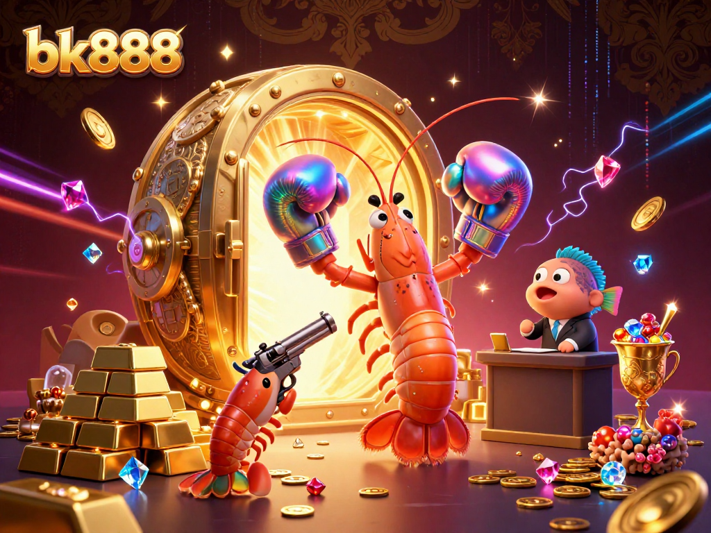 Engage with bk888's vibrant casino world featuring colorful shrimp characters and sparkling treasures.