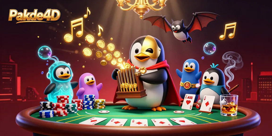 Experience the thrill of Pakde4D as a cartoon penguin plays a grand organ amidst poker action.