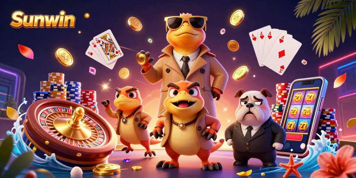 Experience the excitement of Sunwin while entering a VIP casino lounge with vibrant characters and action.