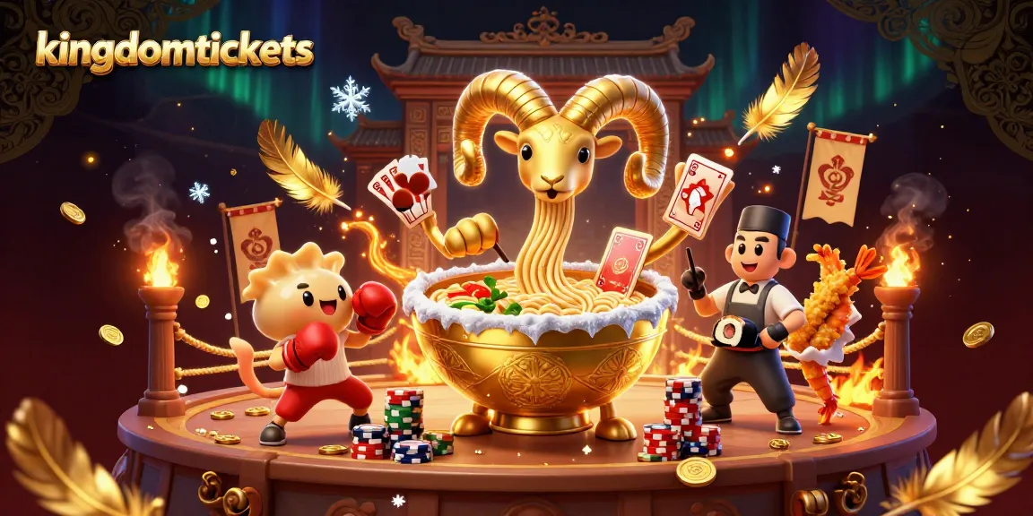 kingdomtickets menampilkan ilustrasi 3D kasino dengan karakter ramen emas yang beraksi, menarik kartu dan tumpukan chip.