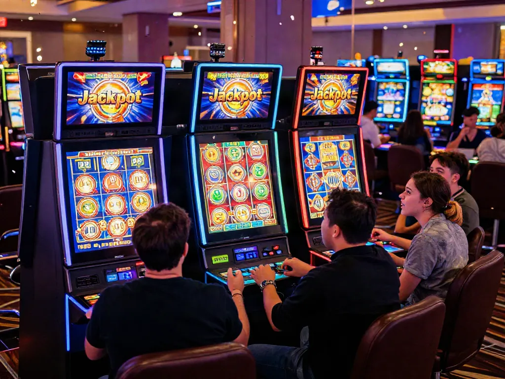 Players celebrating hitting the slot jackpot in a vibrant casino.