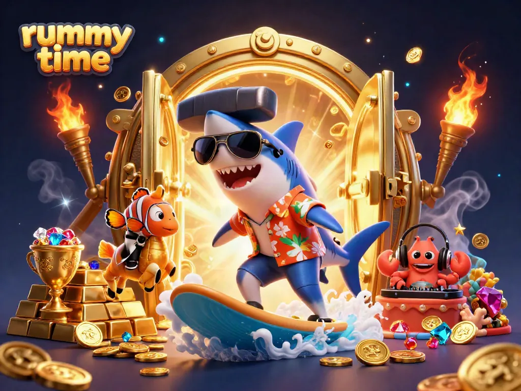 Experience exciting rummy time gameplay featuring 3D characters amidst gold coins and vibrant treasures.