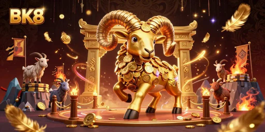 Experience thrilling gameplay with BK8, featuring a golden ram champion surrounded by excitement and wealth in a dynamic casino scene.