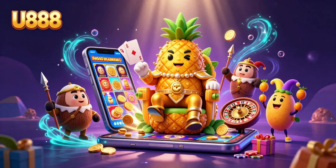Experience U888's colorful slots and casino games in a vibrant beach scene featuring a pineapple king and jester.