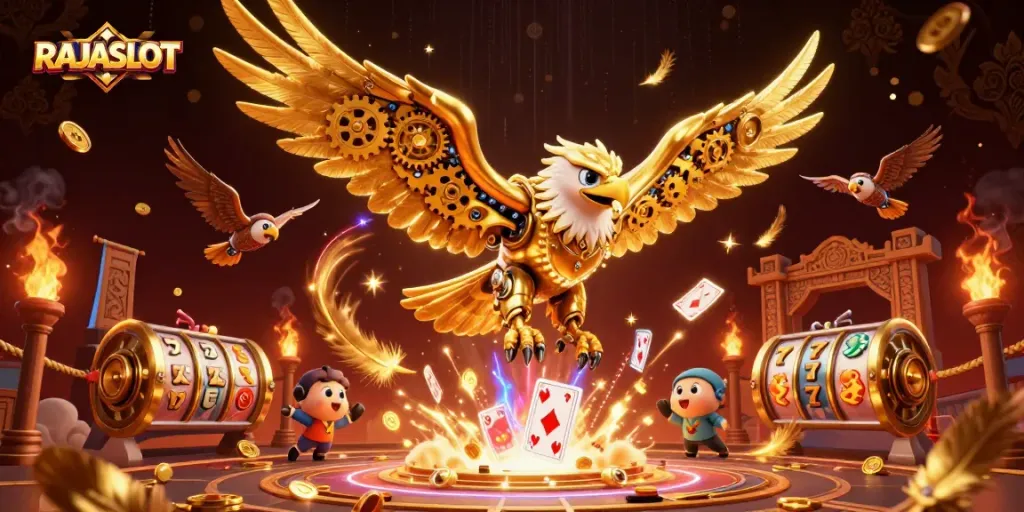 RAJASLOT menghadirkan ilustrasi permainan slot dengan elang cybernetic dan simbol keberuntungan