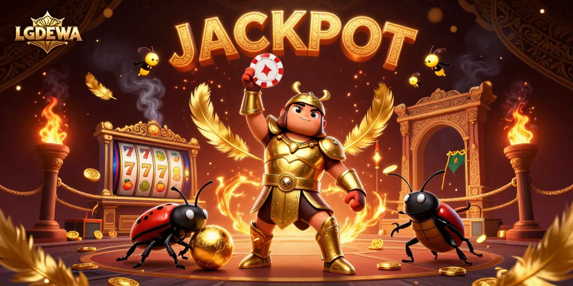 Experience thrilling wins with LGODEWA as cartoon beetles celebrate atop a vibrant casino background.