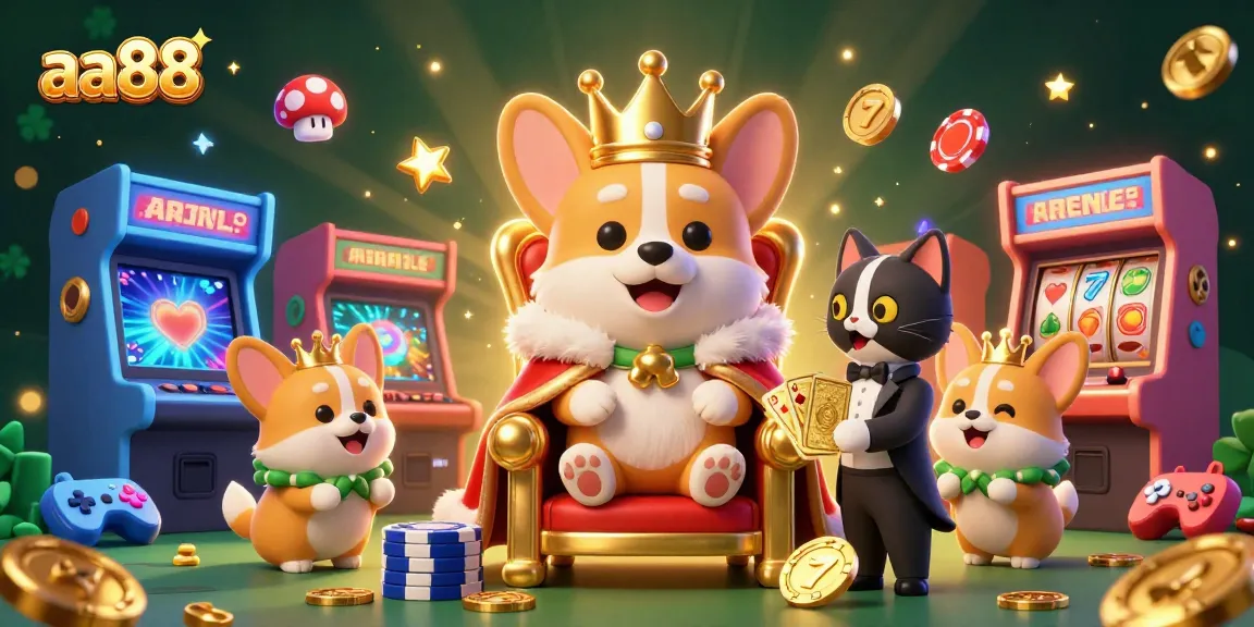 Engage in thrilling gameplay with aa88 showcasing a royal corgi and vibrant slot elements in a rich casino scene.