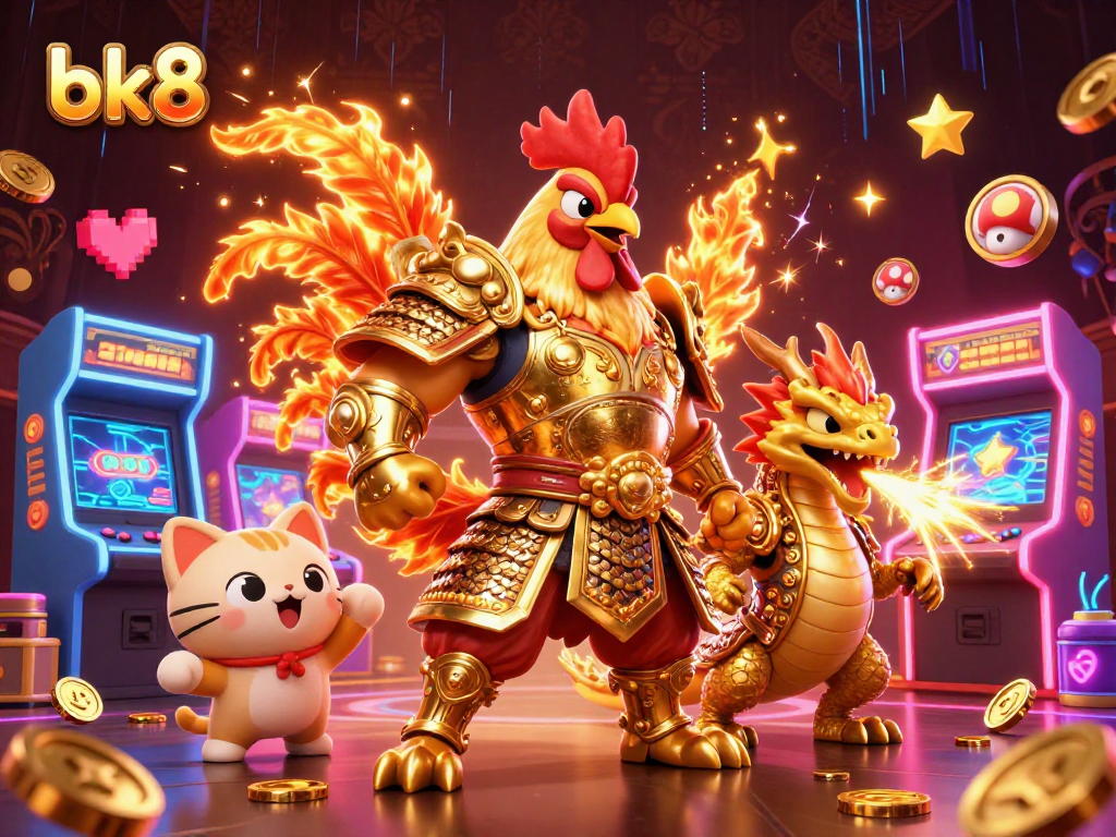 Engage in thrilling sports betting with bk8, as featured in a vibrant 3D illustration of animated characters and casino elements.