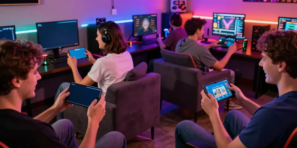 Group enjoying Yono Games in a vibrant gaming lounge with LED lights.