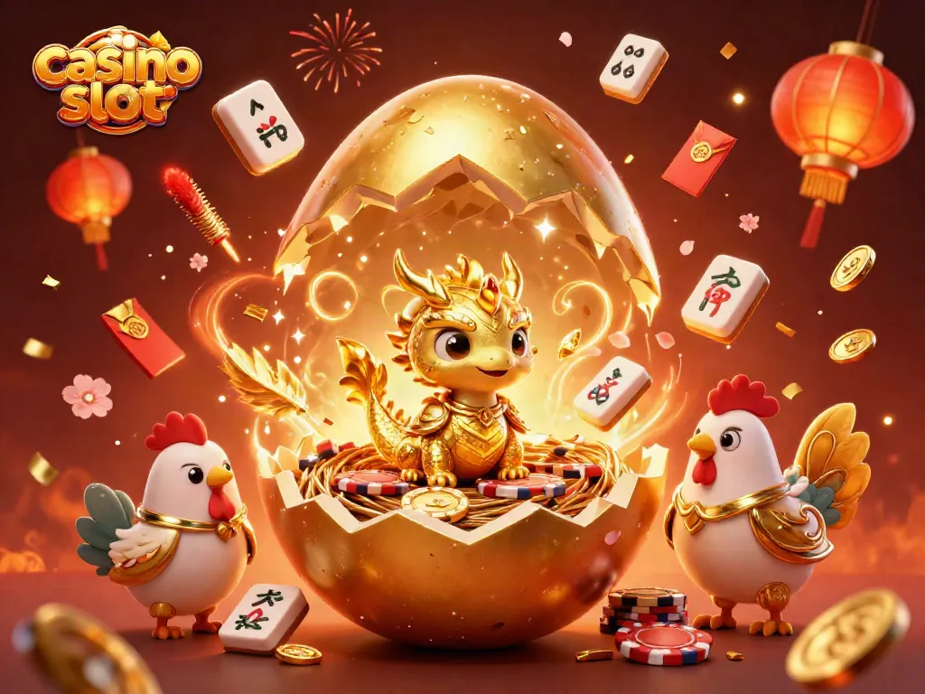 Experience the thrill of casino slot gaming with a golden dragon atop poker chips amidst vibrant confetti.