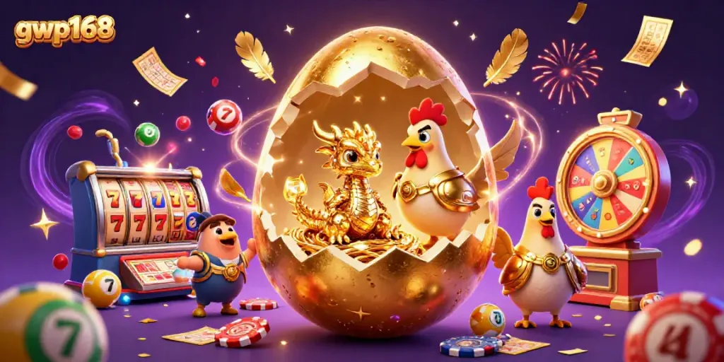 GWP168 menghadirkan permainan menarik dengan telur emas raksasa dan naga kristal di antara chip poker.