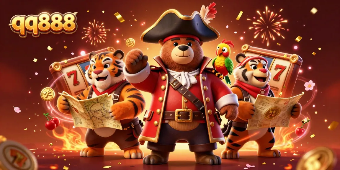 Engage in exhilarating gaming at qq888 with 3D pirate bear, tiger, and parrot celebrating around vibrant slot reels.