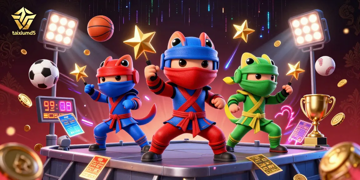 Engage in thrilling action with taixiumd5 as ninja chameleons showcase their skills amidst flying sports elements and vibrant casino visuals.